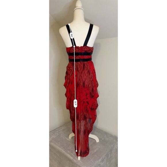 100% Silk Low Cut Red Gown Midi Dress Ruffle Hem Women’s XS - Picture 6 of 11
